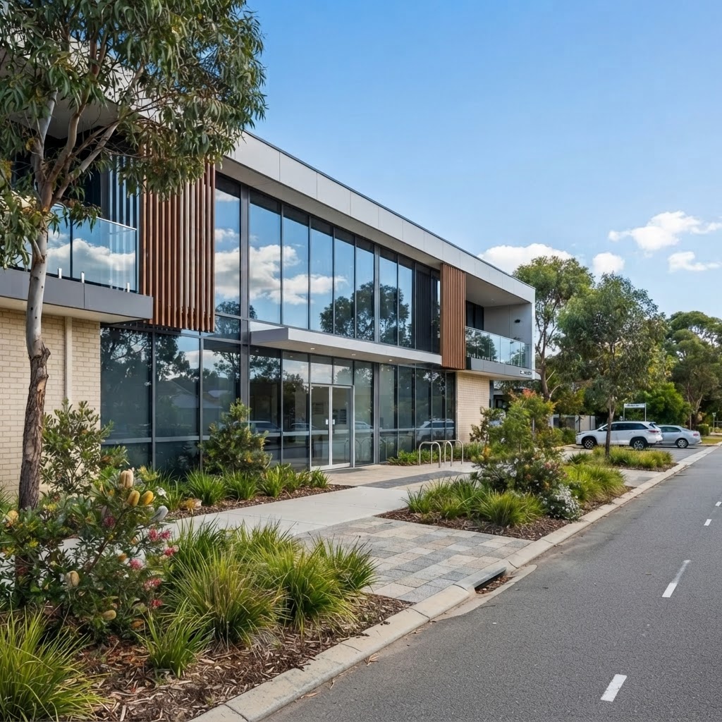 Modern office and medical building in Joondalup with spotless glass facade and clean entrance
