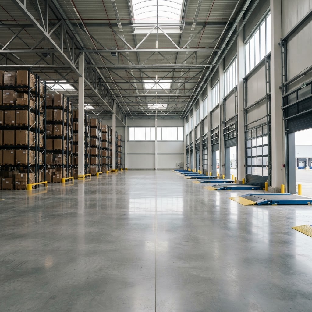 Modern logistics distribution centre in Kewdale with spotless polished concrete warehouse floor and clean loading docks near Perth Airport