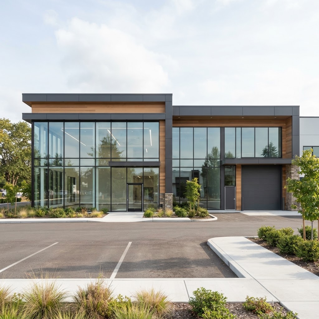 Modern commercial building in Balcatta with clean showroom facade, streak-free glass windows and tidy trade supply premises