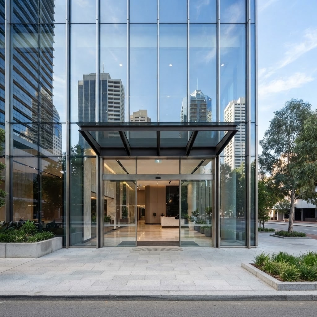 Victoria Park modern building with streak-free glass facade and spotless shopfront windows