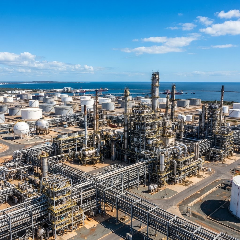 Kwinana heavy industrial area with refinery and process plant facilities, Western Australia