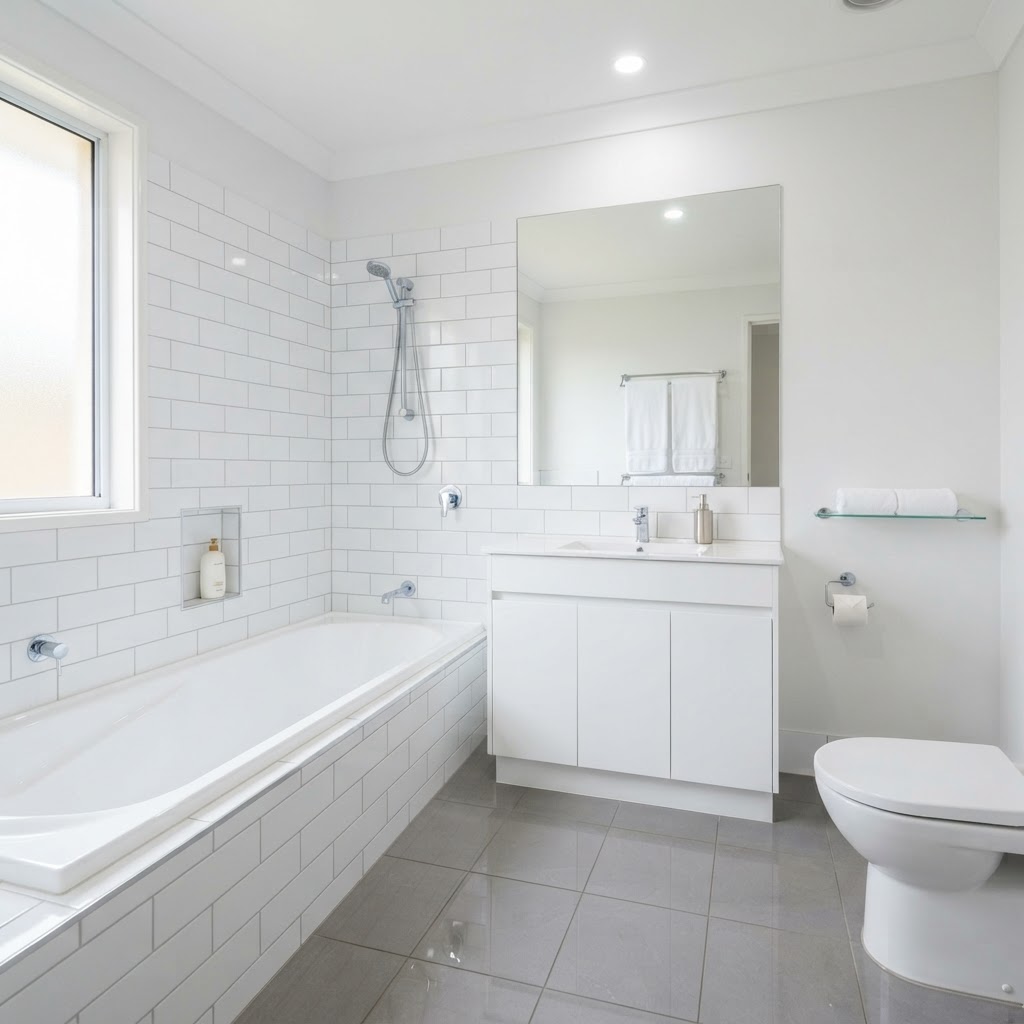 Clean modern bathroom with spotless shower screen and tiles — the standard property managers expect at final inspection