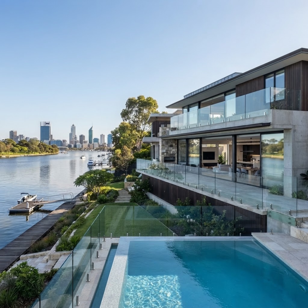 Premium riverside character home with pristine feature windows and clean glass balustrades in Bicton