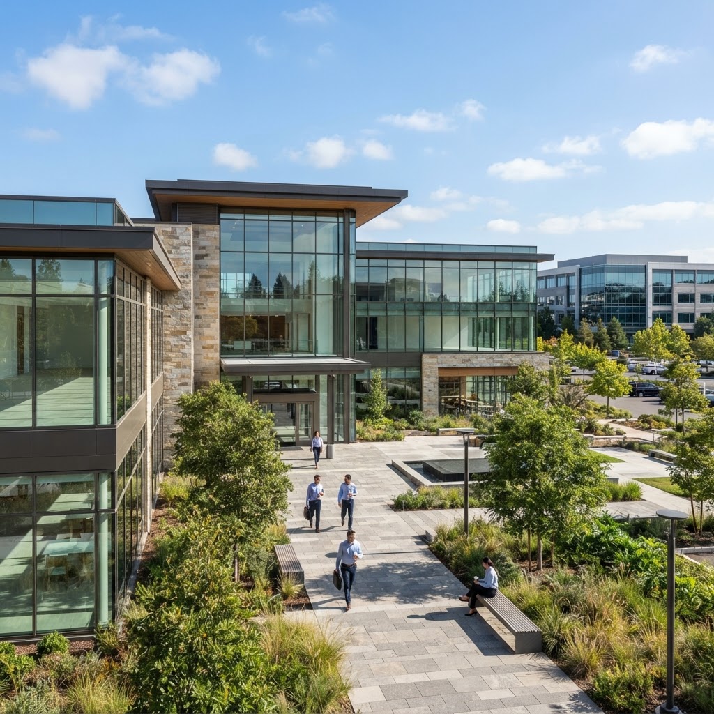 Modern commercial complex in Canning Vale with spotless glass storefronts and professional business park