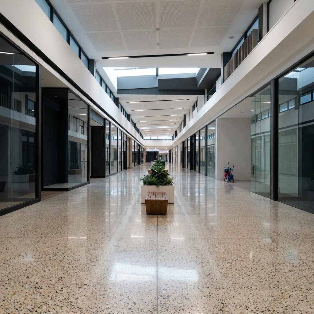 Modern large-format shopping centre retail concourse near Westfield Carousel in Cannington with polished terrazzo floors and streak-free storefront glass