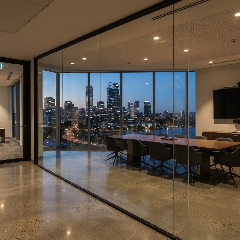 Modern corporate office meeting room in West Perth overlooking the Perth city skyline, polished floors and streak-free glass