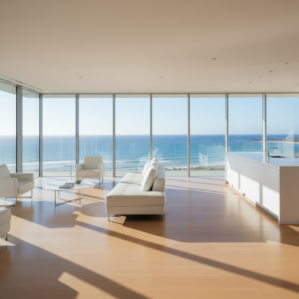 Modern Perth luxury home interior with pristine polished floors and ocean views