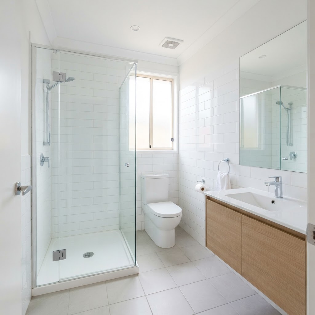 Clean modern bathroom with spotless shower screen and tiles — the standard property managers expect at final inspection