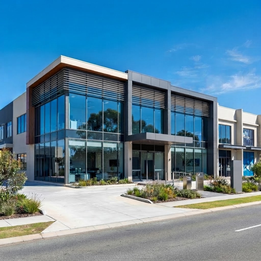 Modern commercial building in Osborne Park with clean showroom facade and streak-free glass windows