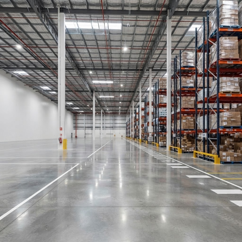 Large modern warehouse interior in Welshpool with spotless polished concrete floor and clean racking systems