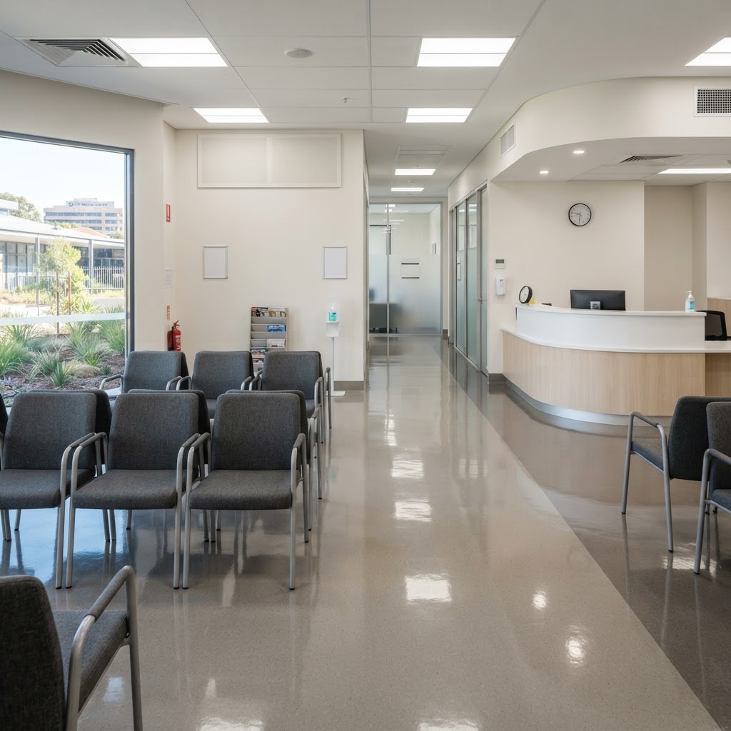 Modern medical centre waiting room near QEII Medical Centre in Nedlands with sanitised surfaces, polished vinyl floors and bright clinical lighting