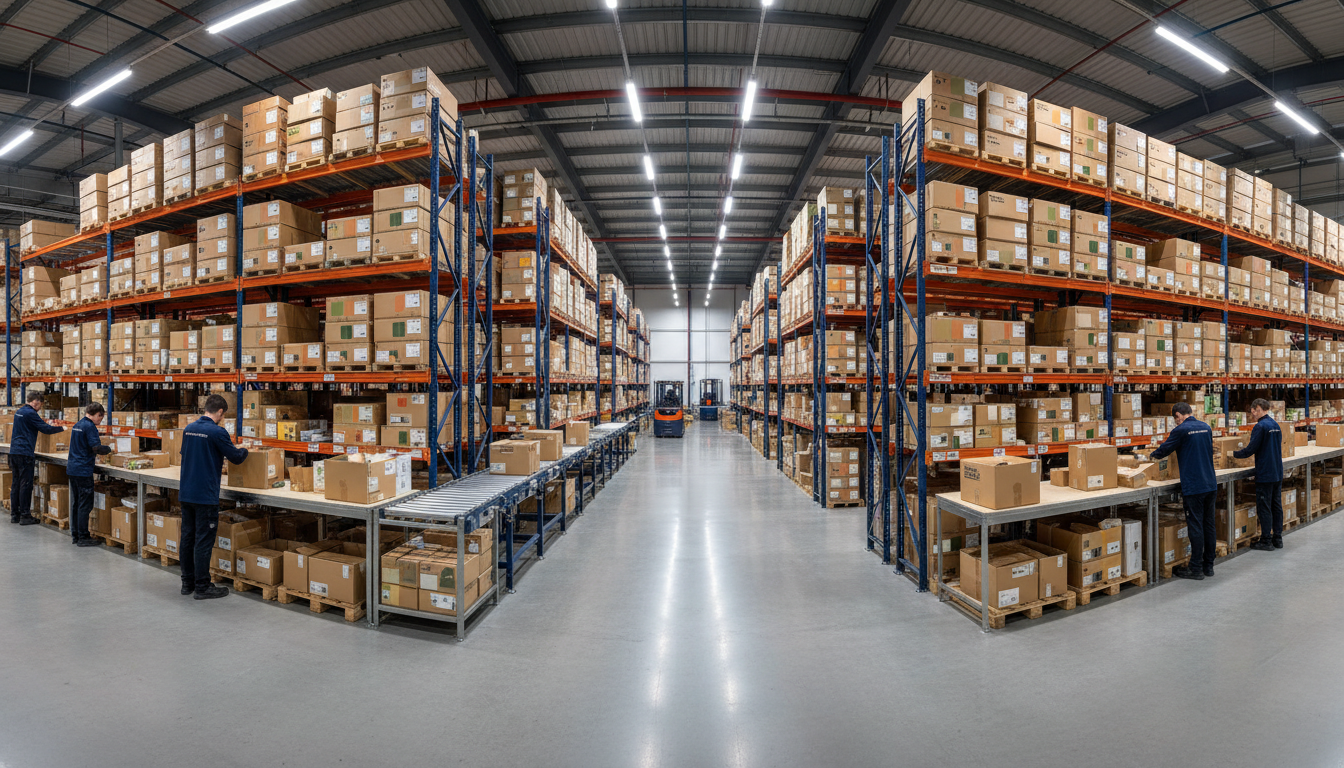 Modern, organized fulfilment warehouse with sustainable packaging