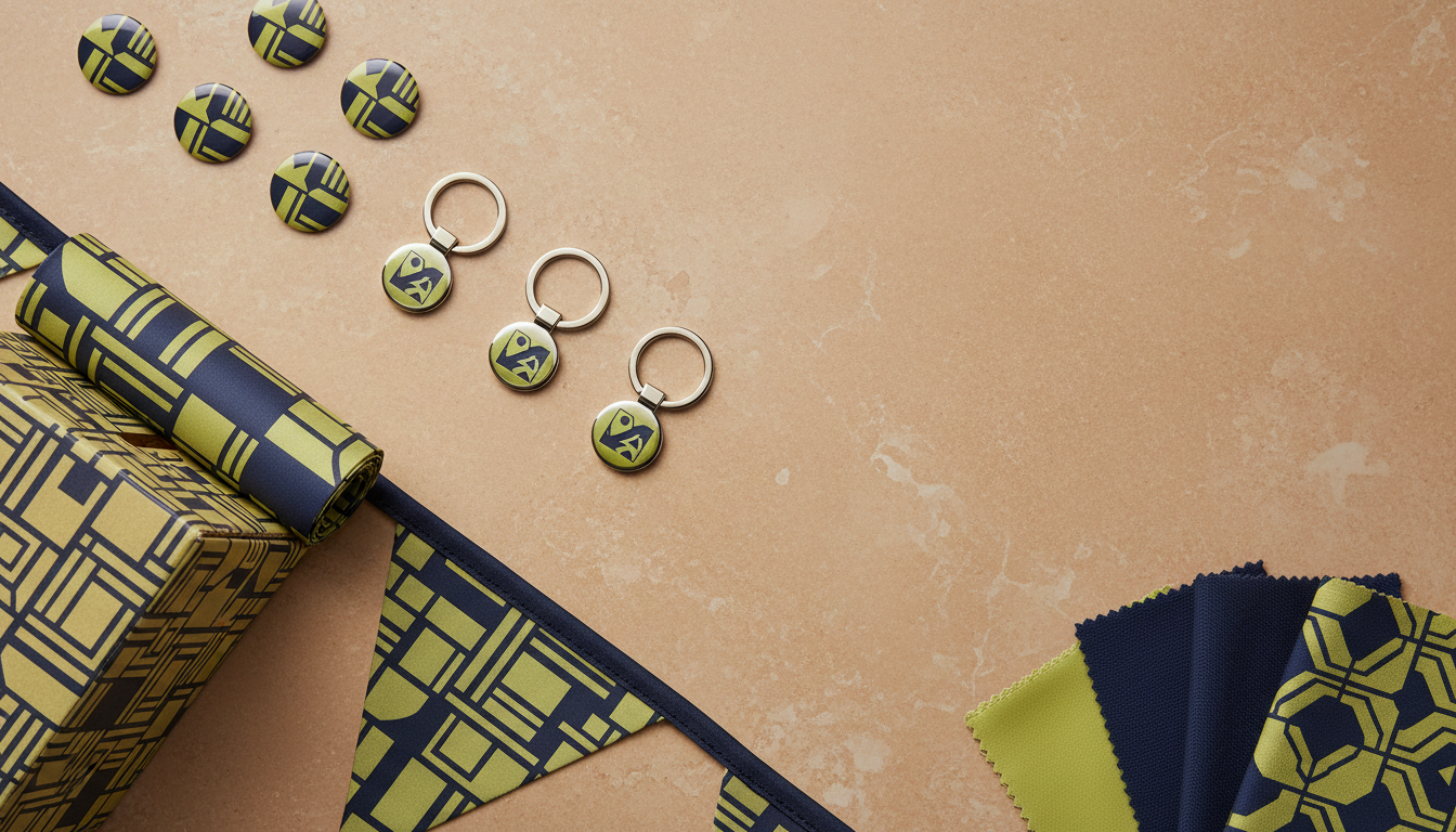 Charity promotional products arranged in a knolling pattern