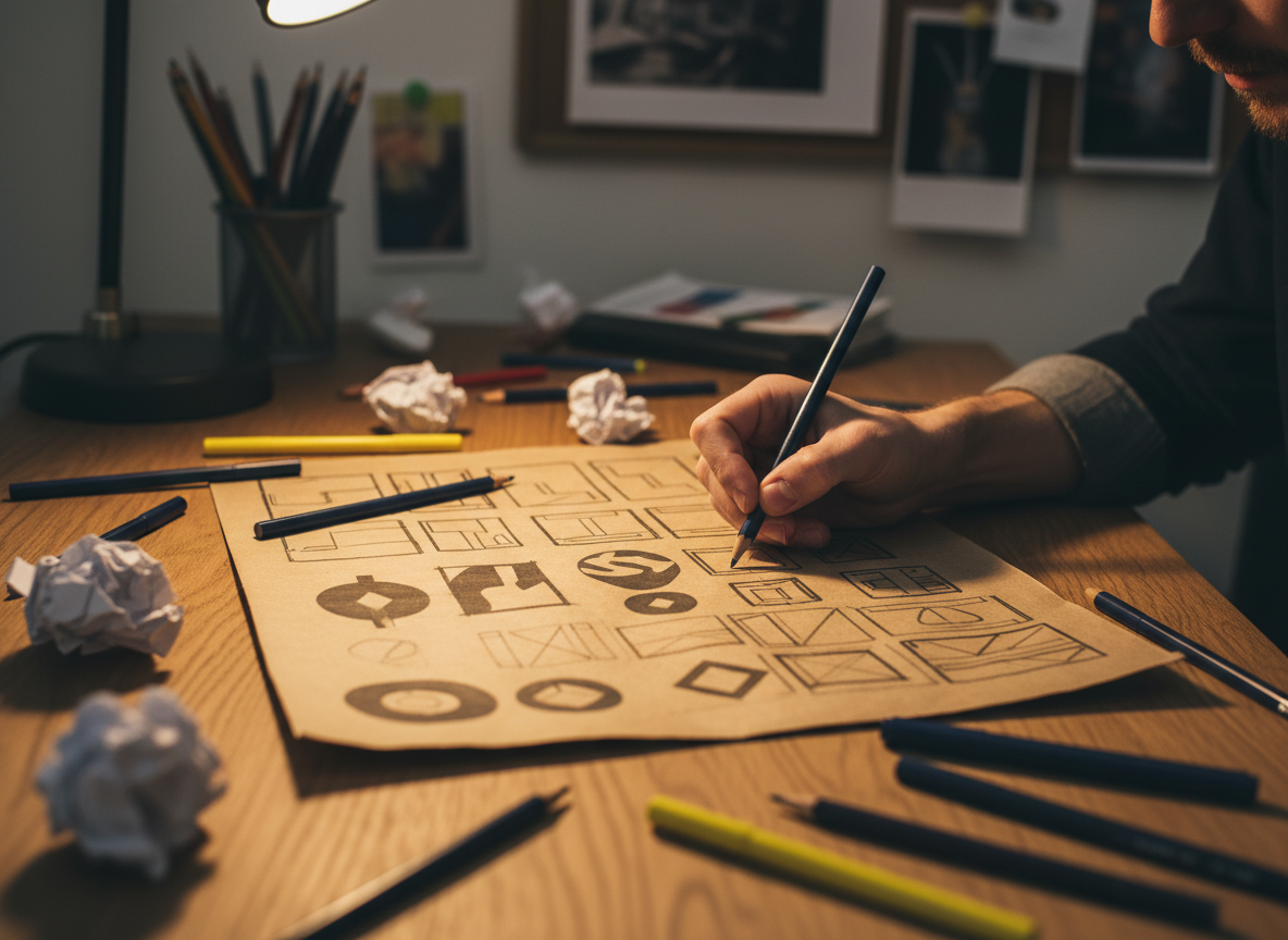Designer sketching creative concepts on recycled paper
