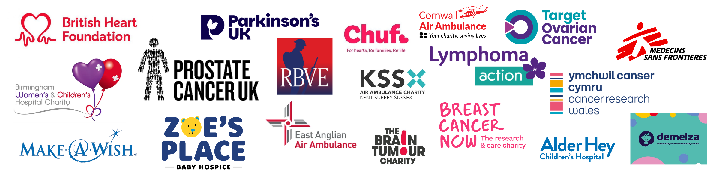 A selection of charity logos we've worked with including British Heart Foundation, Parkinson's UK, Prostate Cancer UK, Make-A-Wish, and many more