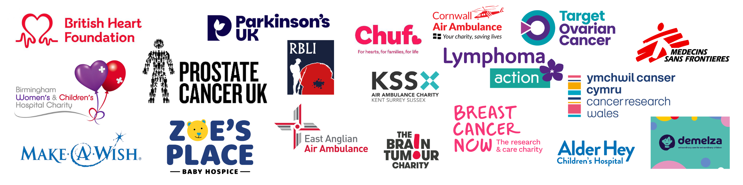 Charity logos we've worked with including British Heart Foundation, Parkinson's UK, Prostate Cancer UK, Make-A-Wish, Cancer Research Wales and many more