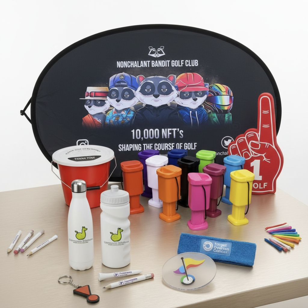 Other charity products including foam hands, pop-up banners, golf tees and pencils, collection buckets and tins, window stickers, bottles and more