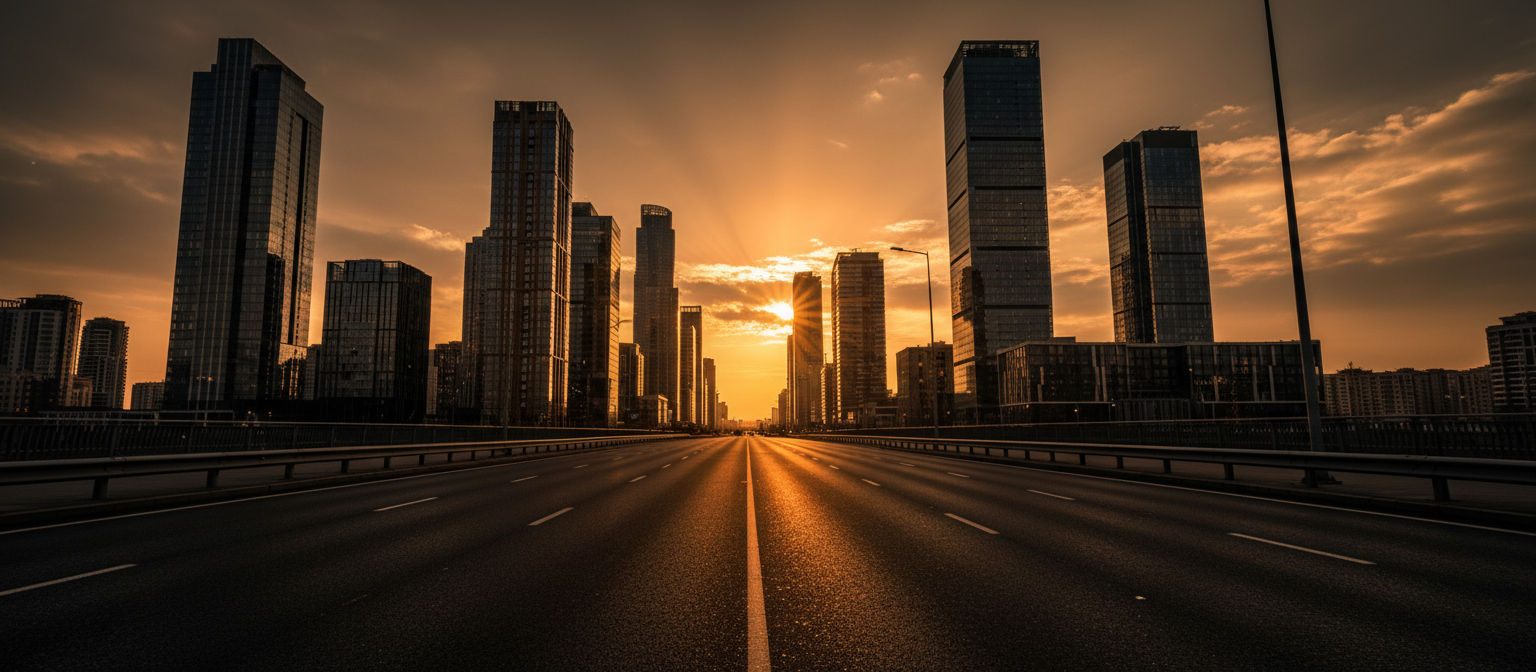 Cinematic cityscape at golden hour