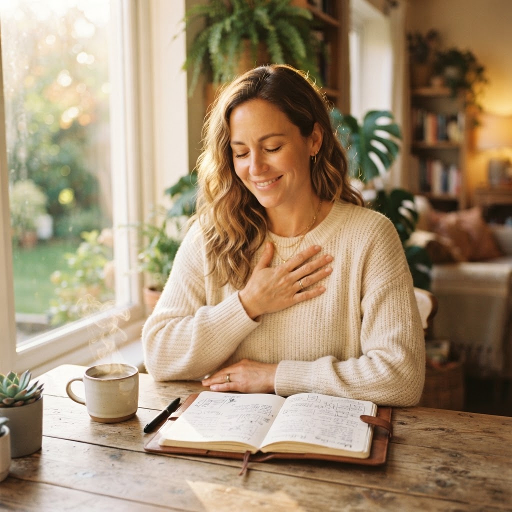 Une femme chez elle, journal ouvert, main sur le cœur — un moment de rituel pour se recentrer