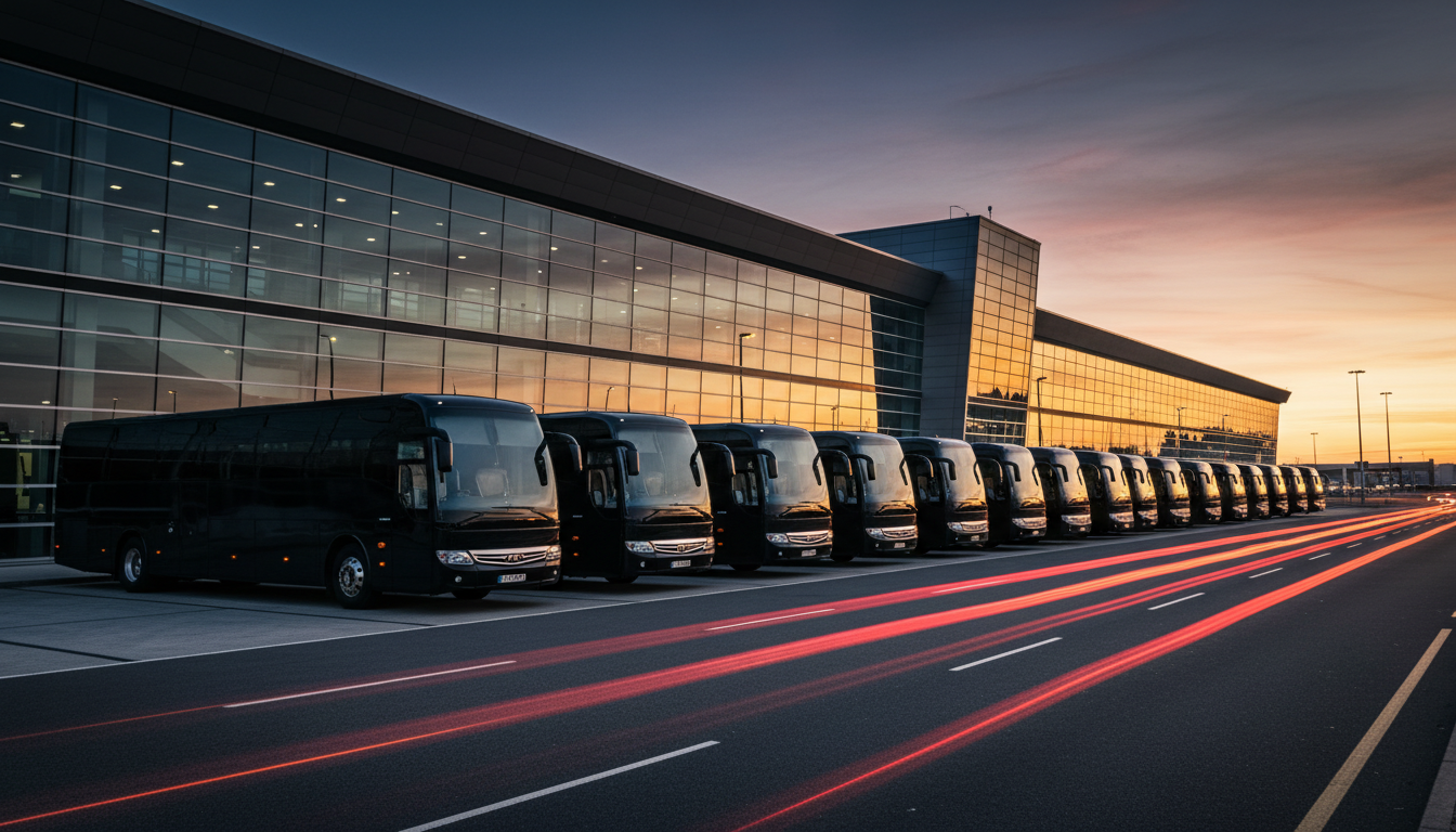 Executive coach fleet at dusk