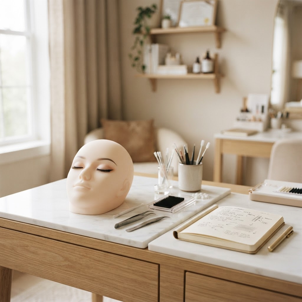 A calm lash training workspace with a mannequin head and tools at The Lash Club Academy, Dartford