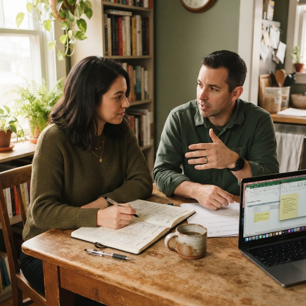 Amy, an AIMI consultant, mapping a business owner's biggest bottleneck with him over notes and a laptop