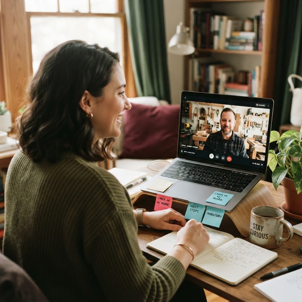 Amy on a relaxed video check-in call with a business owner, keeping things running