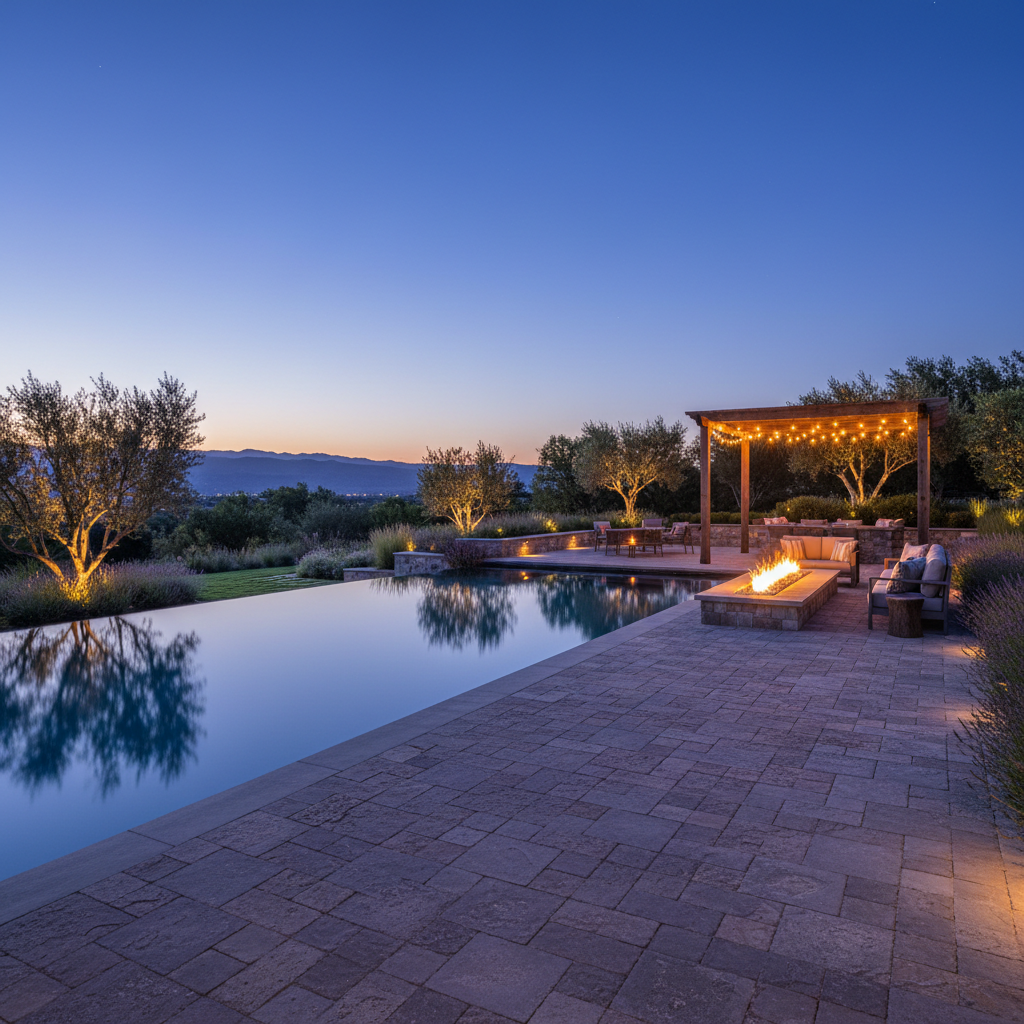 Luxury outdoor living space at twilight — Bennett Outdoor Living