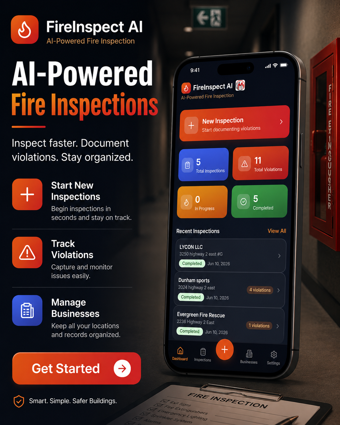 FireInspect AI app on a smartphone