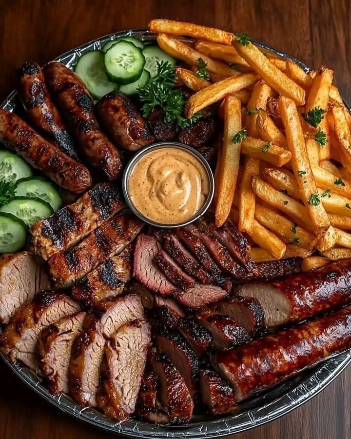 BBQ meat platter with sausages and fries