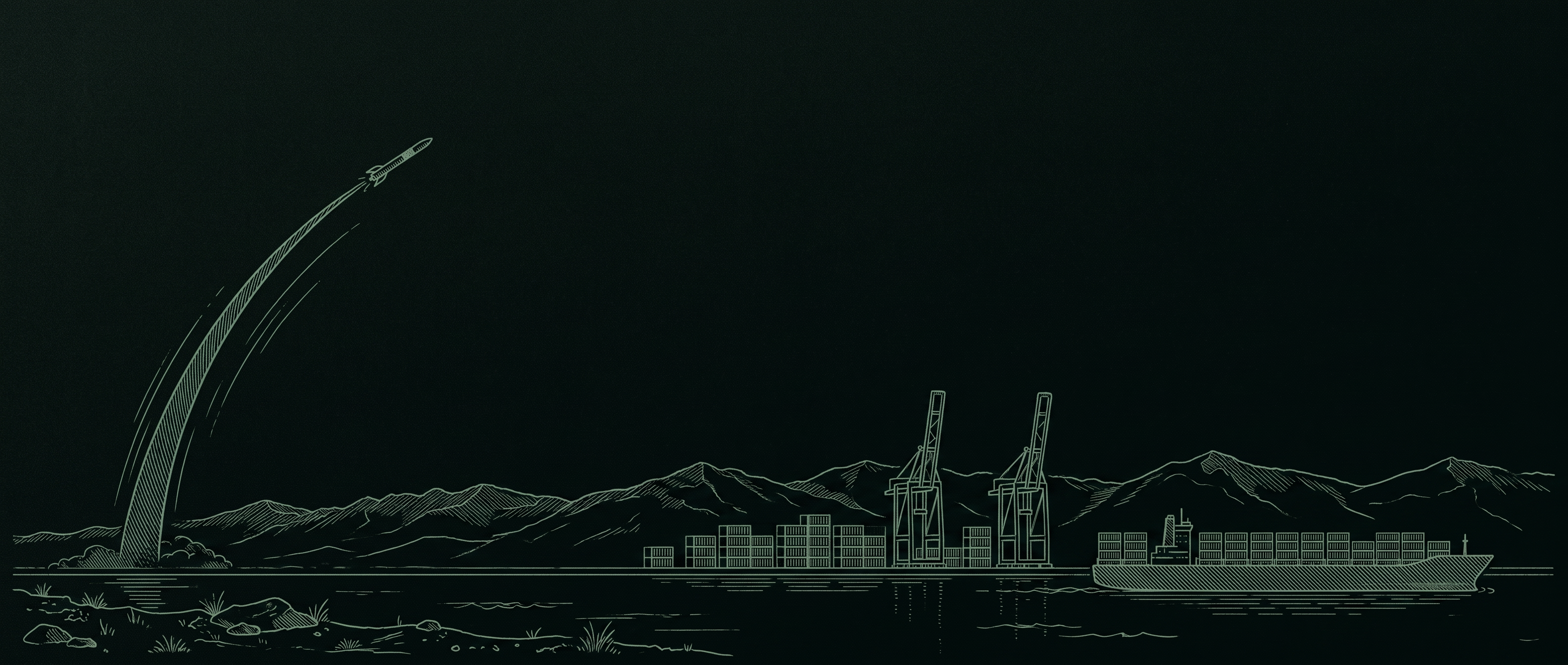 Etched line-art panorama of a rocket launching over mountain ranges beside a container port with gantry cranes and a cargo ship