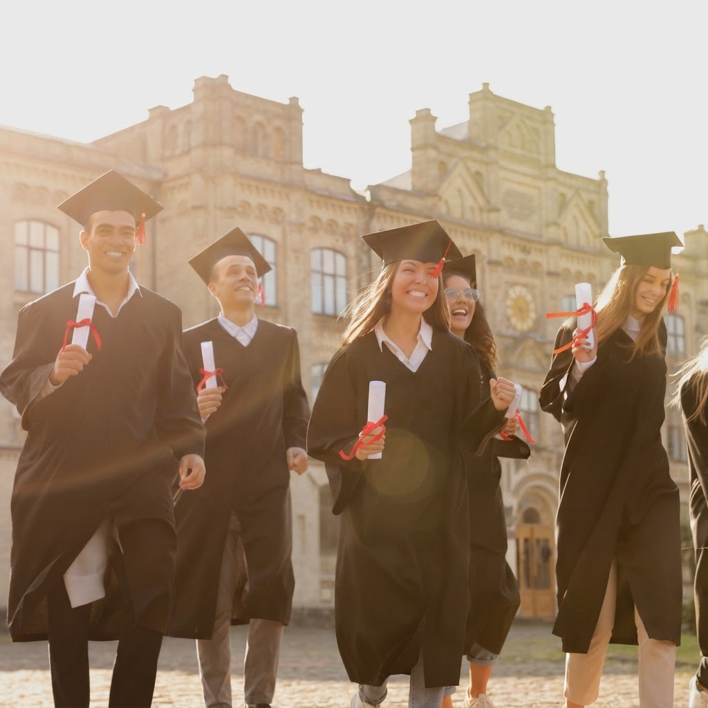 Graduates celebrating at golden hour