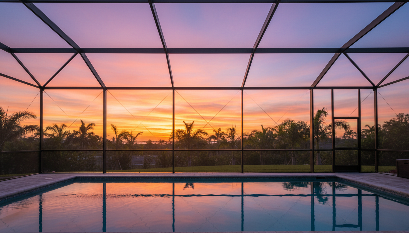 Pristine pool enclosure with brand new screen mesh providing crystal-clear view of Florida tropical landscape