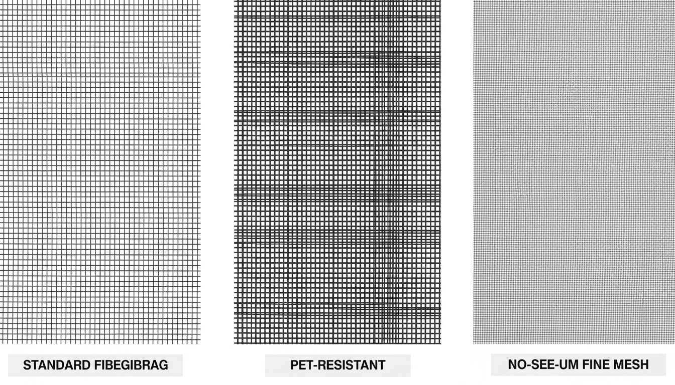 Comparison of screen mesh types for rescreening including standard fiberglass pet screen and no-see-um mesh
