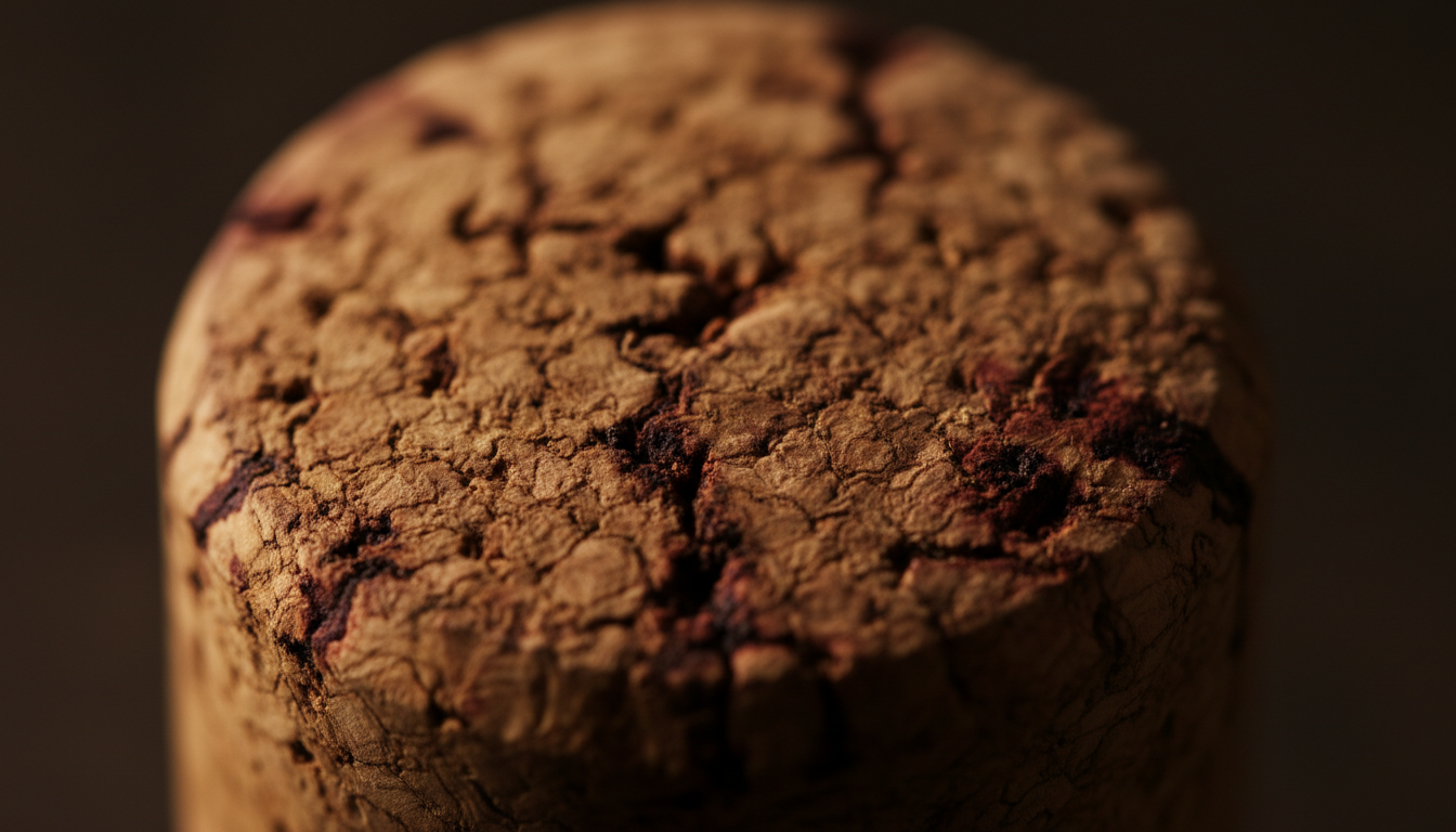 Aged wine cork in extreme close-up showing texture and patina