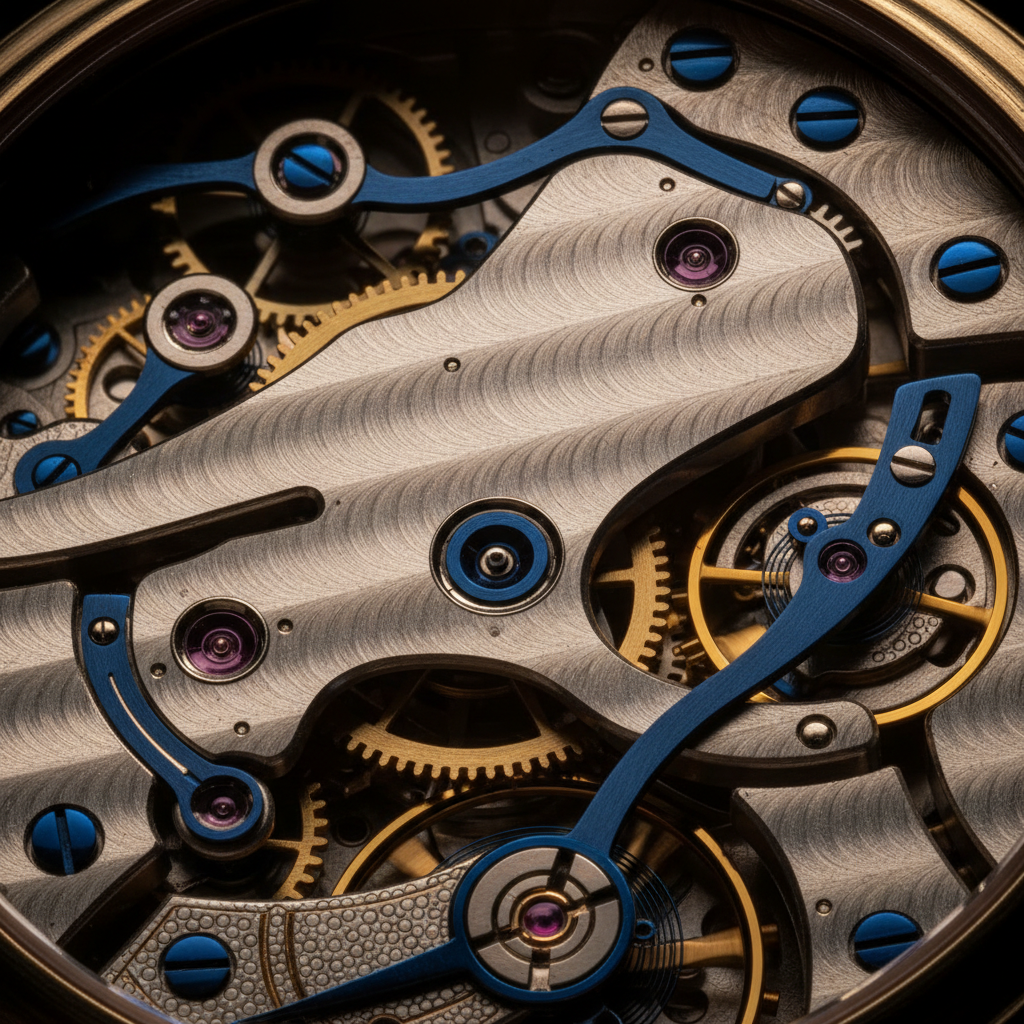 Mechanical watch movement in extreme macro, cold steel with precise engineering
