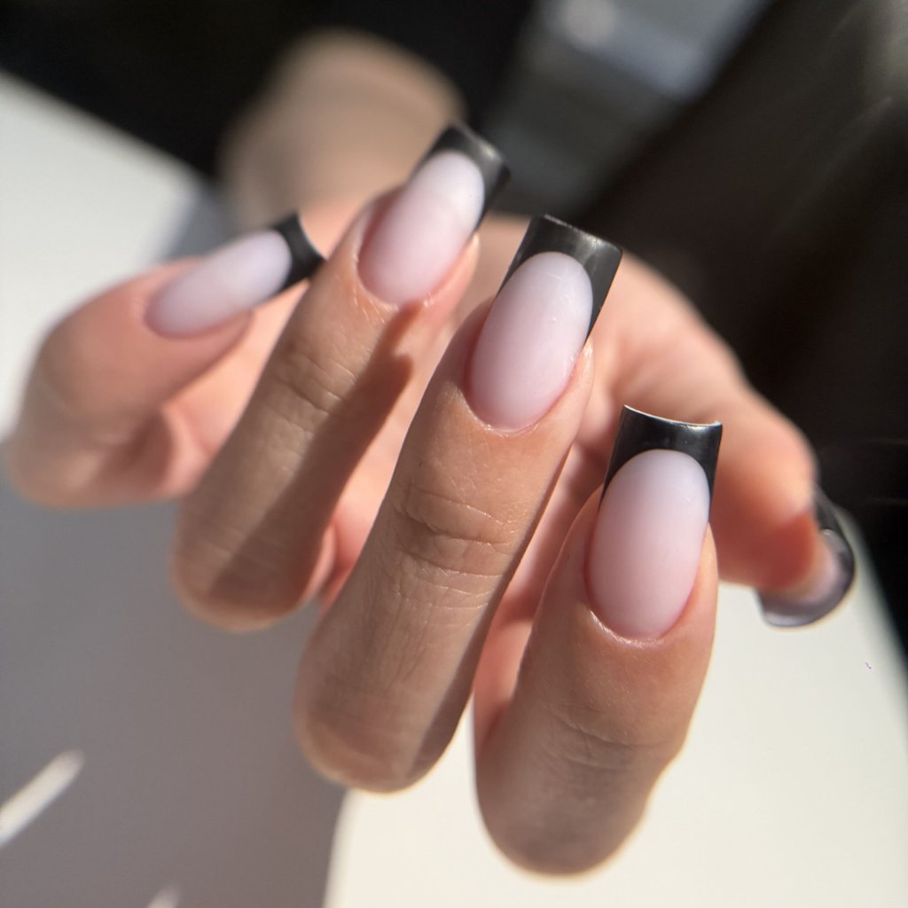 Acrylic nails with a black French tip design