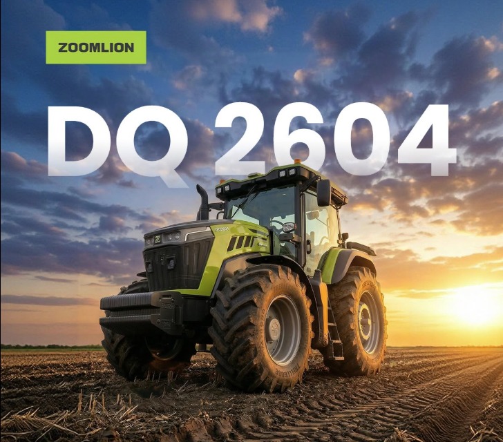 Tractor Zoomlion DQ 2604 operando en campo al atardecer