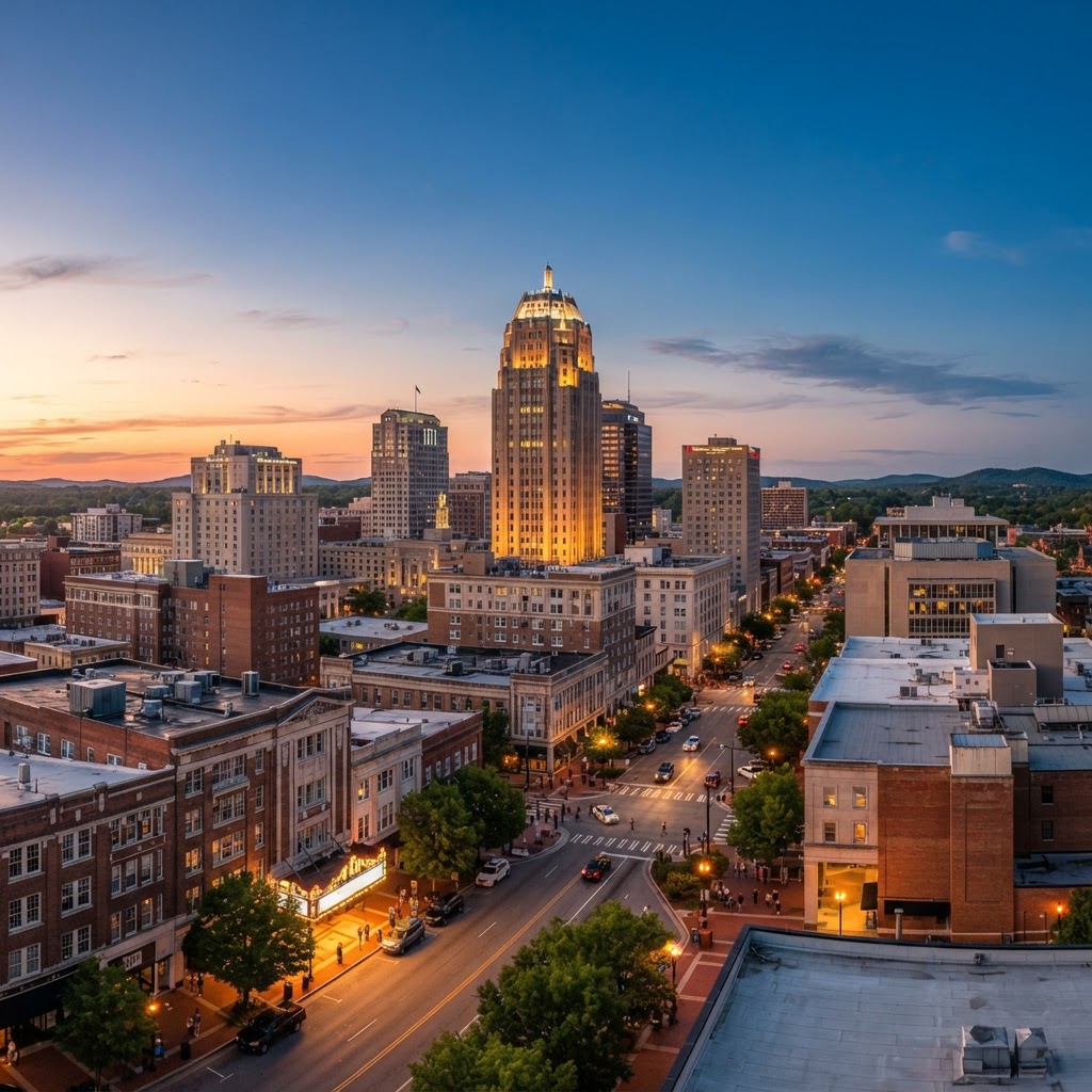 Greensboro downtown skyline featuring the Lincoln Financial Tower at golden hour