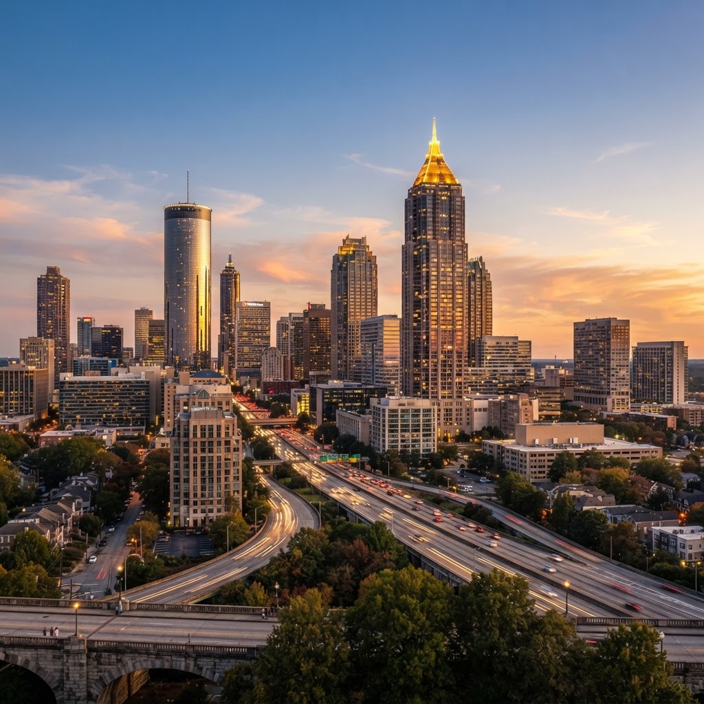 Atlanta skyline featuring the Bank of America Plaza tower at golden hour