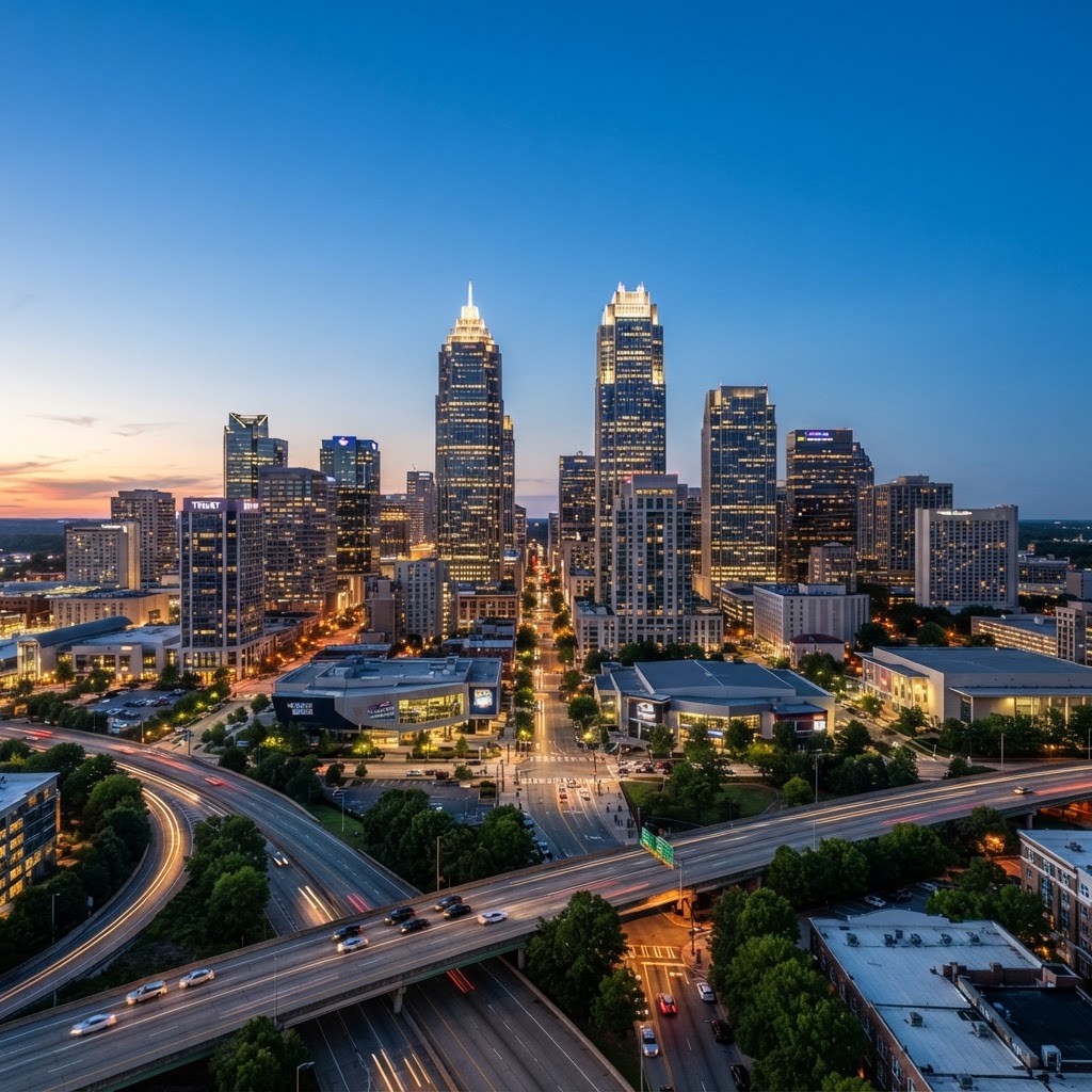 Charlotte Uptown skyline featuring the Bank of America Corporate Center at dusk