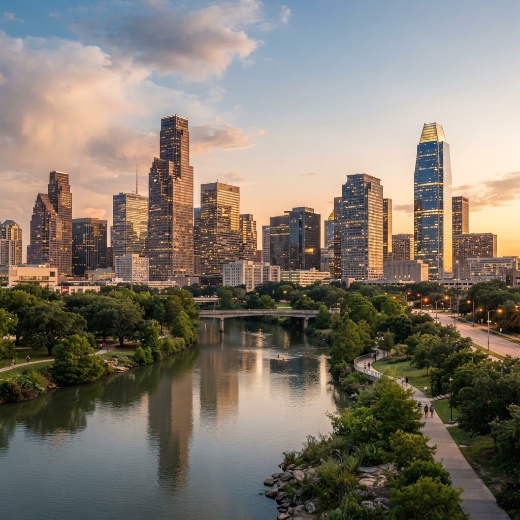 Houston downtown skyline featuring the JP Morgan Chase Tower at sunset