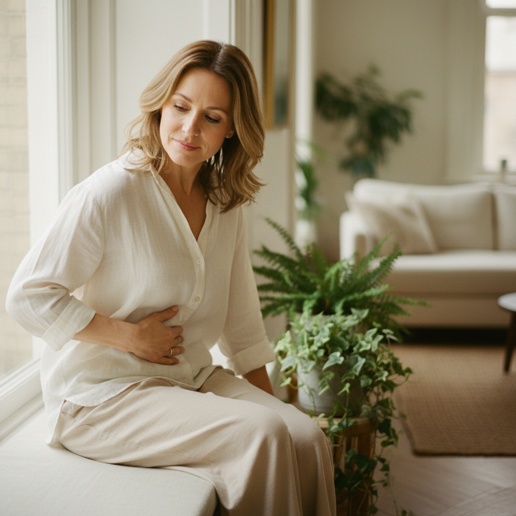 Mujer con molestias digestivas en ambiente luminoso y natural