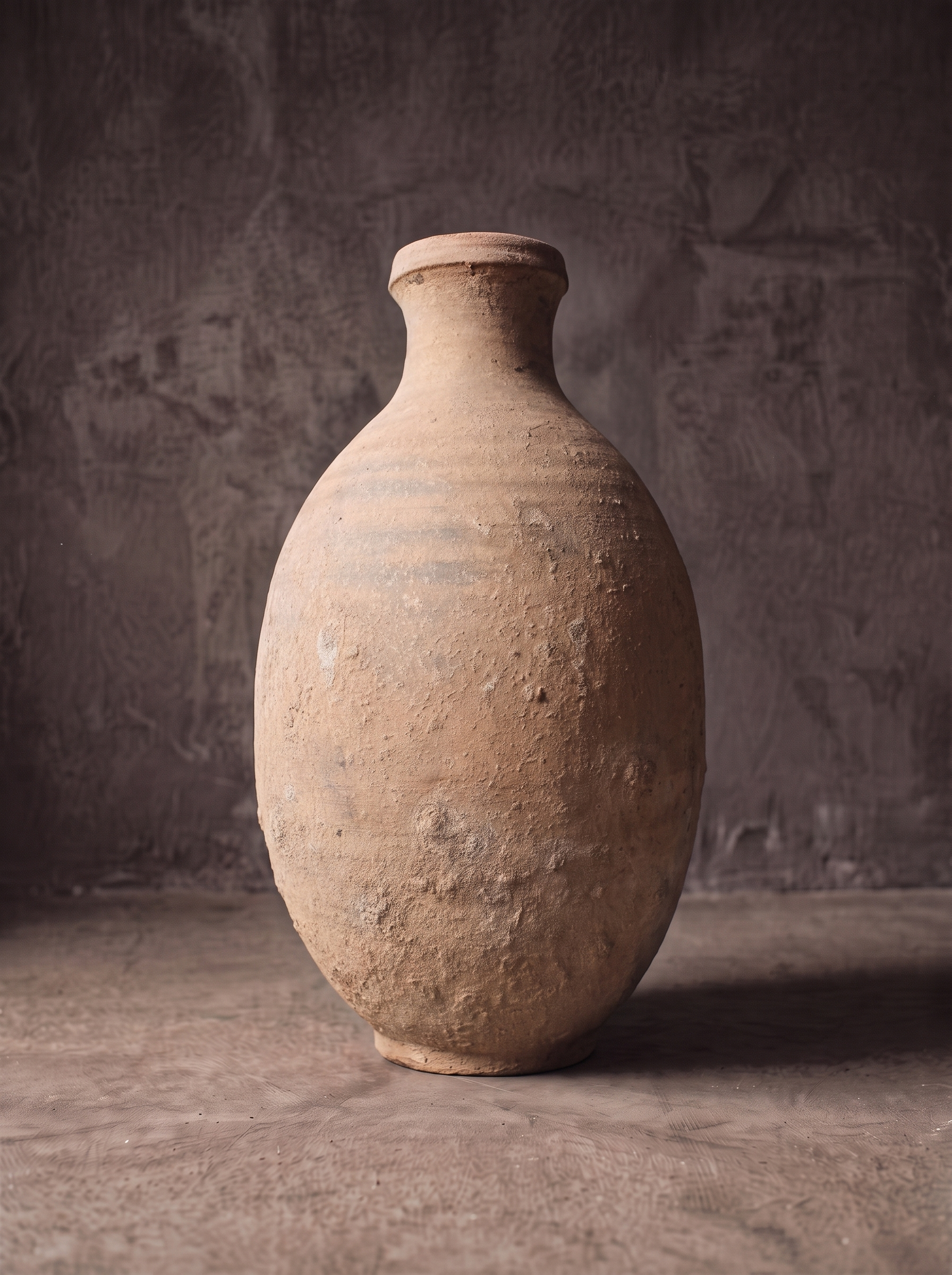 Tall unglazed terracotta storage jar with no handle and textured surface