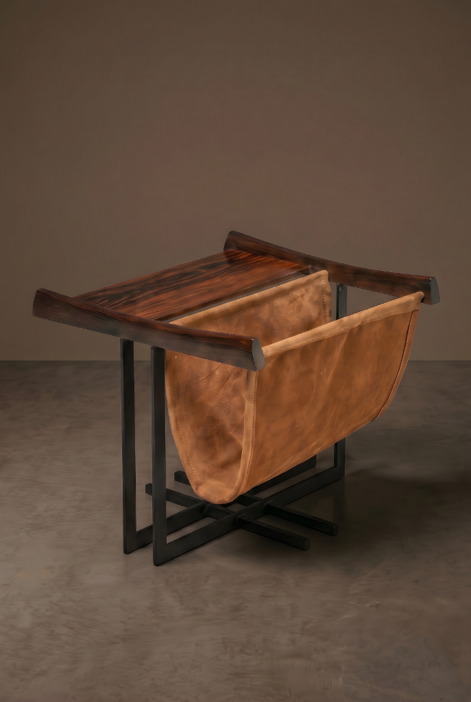Magazine Table by Jean Gillon, wood top, leather sling, metal frame