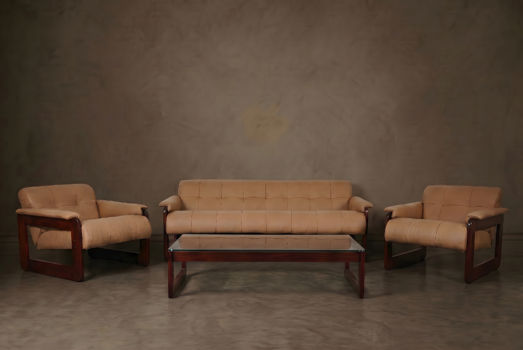 Lafer Living Set by Percival Lafer, sofa, two armchairs, glass-top coffee table