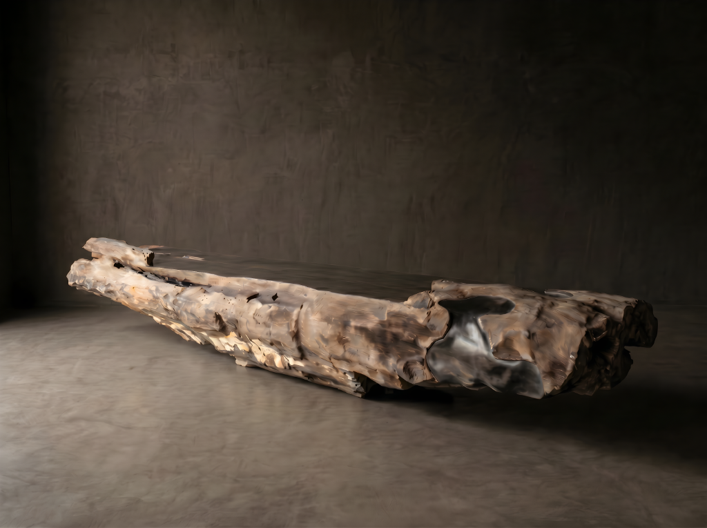 Long monumental petrified wood trunk bench with natural hollows