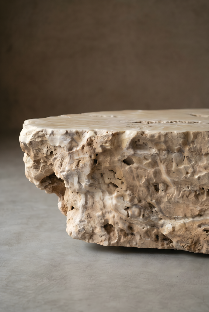 Low monumental coffee table cut from a single raw stone block.