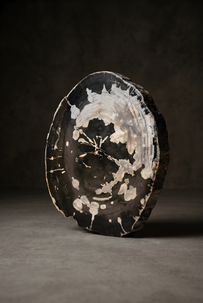Upright petrified wood disc with black core and bone-pale rim