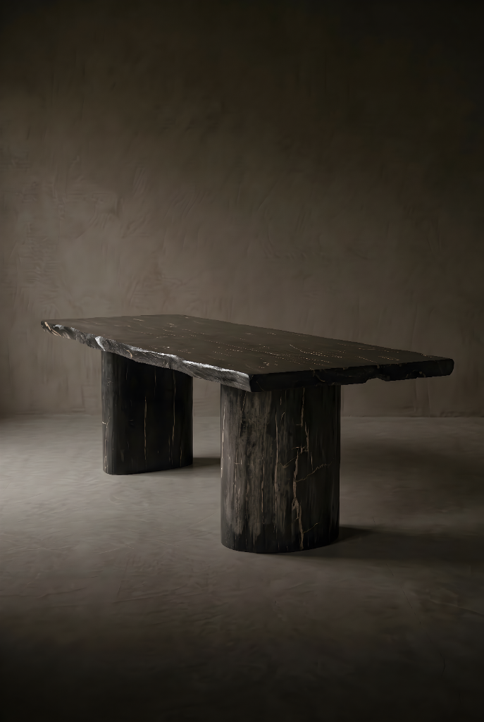 Thick live-edge petrified dining table on stump legs